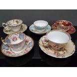 FIVE 19TH CENTURY TEA CUPS AND SAUCERS COPELAND AND GARRETT BLOOR DERBY ETC