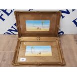 A PAIR OF FRAMED 20TH CENTURY WATERCOLOURS BY F VARLEY CAMEL RIDERS IN THE DESERT SIGNED 9.5 X 20CM