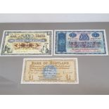 3 SCOTISH BANKNOTES INCLUDES SCOTLAND BRITISH LINEN BANK 1952 1 POUND NOTE FINE PICK 157D, BANK OF