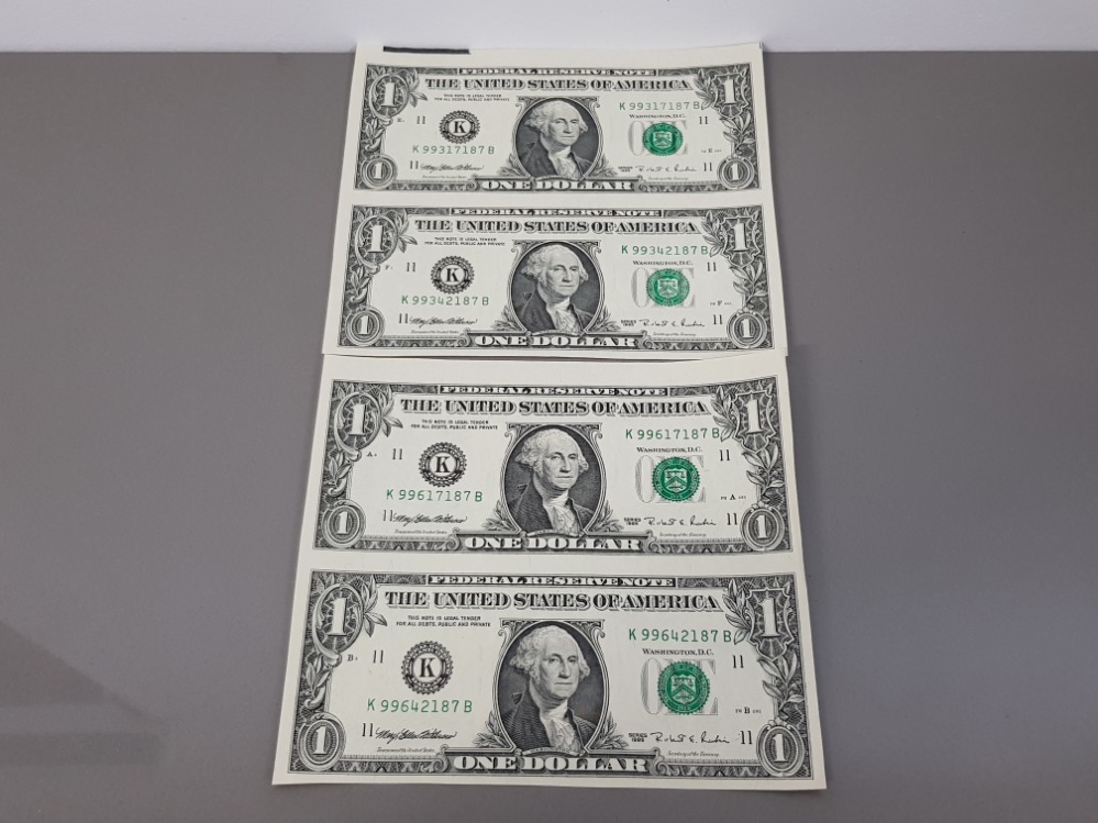4 U.S.A ONE DOLLAR BILLS, UNCUT IMPERFORATED PAIRS OF TWO, IN PRISTINE UNCIRCULATED CONDITION