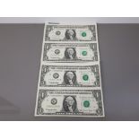 4 U.S.A ONE DOLLAR BILLS, UNCUT IMPERFORATED PAIRS OF TWO, IN PRISTINE UNCIRCULATED CONDITION