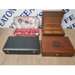 A CANTEEN CONTAINING VINERS CUTLERY TOGETHER WITH OAK STATIONARY BOX MAHOGANY BOX AND A LEATHER