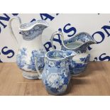 3 19TH CENTURY TRANSFER PAINTED BLUE AND WHITE JUGS INC MIDDLESBROUGH POTTERY CO ROMANIA PATTERN