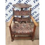 20TH CENTURY OAK OCCASIONAL CHAIR TOGETHER WITH MAHOGANY OCCASIONAL TABLE ON TRIPOD BASE