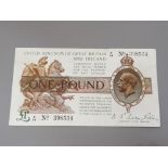 UNITED KINGDOM OF GREAT BRITAIN AND IRELAND 1919 FISHER 1 POUND BANKNOTE, BROWN U/26 398534