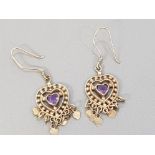 9CT GOLD AND AMETHYST FANCY HEART SHAPED DROPLET EARRINGS, 5.2G