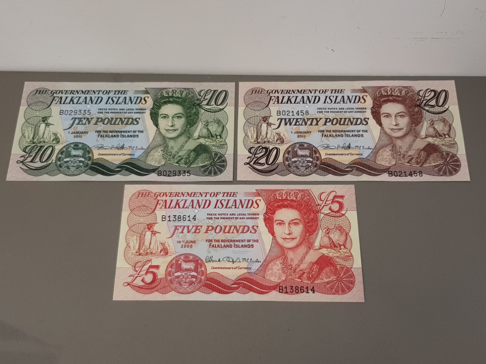 3 FALKLAND ISLANDS BANKNOTES INCLUDES 2005- 5 POUNDS AND 20 POUNDS NOTES PLUS 2011- 10 POUNDS NOTE