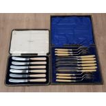A SET OF 6 BUTTER KNIVES WITH HALLMARKED SILVER COLLARS TOGETHER WITH A SET OF FISH KNIVES AND