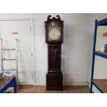 A 19TH CENTURY FLAME MAHOGANY LONG CASE CLOCK BY WILLIAM HENDERSON AND MARION CULLEN DEPICTING TRADE