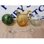 TWO GLASS FLOATS WITH PONTEL MARKS ONE STAMPED F G C MADE IN ENGLAND TOGETHER WITH A HAND BLOWN