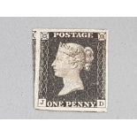 QUEEN VICTORIA PENNY BLACK STAMP, LARGE MARGINED EXAMPLE WITH FINE RED MALTESE CROSS GOOD TO HUGE