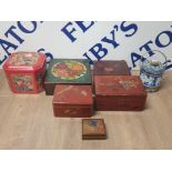 3 JAPANESE LACQUERED BOXES ONE INLAID WITH PAUA 2 HANDPAINTED WOODEN BOXES AND 2 VINTAGE TINS