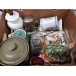 A BOX OF MISCELLANEOUS INC DENBY LLADRO GOOSE ORNAMENT PORTMERION ETC