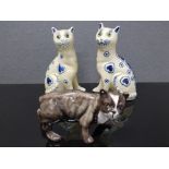 CERAMIC CATS ONE MANX BY RUSHTON ISLE OF MAN AND A PAIR OF EMILE GALLE STYLE WITH GLASS EYES 14.5CM