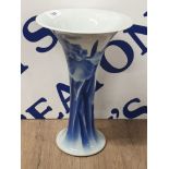 A JAPANESE BLUE AND WHITE TRUMPET SHAPED VASE WITH IRIS DECORATION MARK TO BASE 25.7CM