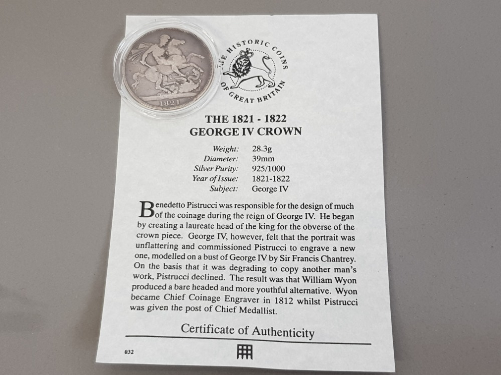 GEORGE IV SILVER CROWN COIN DATED 1821 WITH CERTIFICATE OF AUTHENTICITY - Image 3 of 3