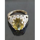 LARGE 9CT GOLD CITRINE RING WITH DIAMOND SET CROWN SIZE T 5.1GRAMS