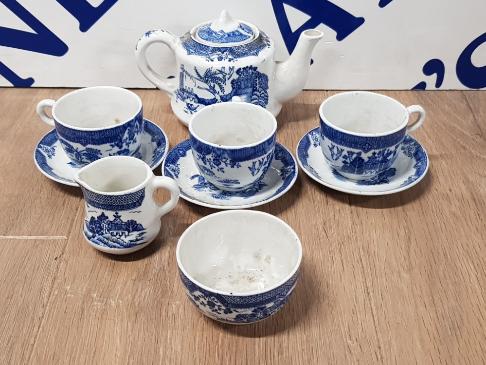 BLUE AND WHITE NURSERY TEA SET SHELL WARE CHINA TO INCLUDE TEAPOT CUPS AND SAUCERS 9 PIECES