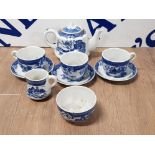 BLUE AND WHITE NURSERY TEA SET SHELL WARE CHINA TO INCLUDE TEAPOT CUPS AND SAUCERS 9 PIECES