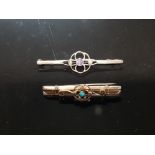 TWO 9CT YELLOW GOLD BROOCHES ONE WITH TURQUOISE THE OTHER PURPLE STONE 4.5G GROSS