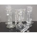 A PAIR OF 19TH CENTURY CUT GLASS CANDLESTICKS ANOTHER MOULDED PAIR TOGETHER WITH A LUSTRE