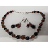 MURANO GLASS AND BLACK BEAD NECKLET PLUS MATCHING EARRINGS WITH SILVER FITTINGS