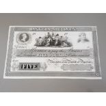 BANKERS SPECIMEN PROOF 5 POUNDS BANKNOTE DATED 18XX, 18834-52, WILLIAM IV VIGNETTE, PRINTED BY