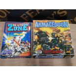 2 BOXED GAMES WORKSHOP WARGAMES, BATTLE FOR ARMAGEDDON AND DEATHZONE BLOOD BOWL EXPANSION SET