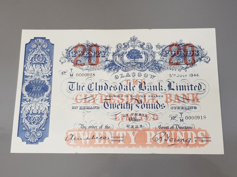 CLYDESDALE BANK 20 POUNDS BANKNOTE DATED 5-7-1944 SERIES T/M 0000918, PICK 187, SLIGHT EDGE WEAR,