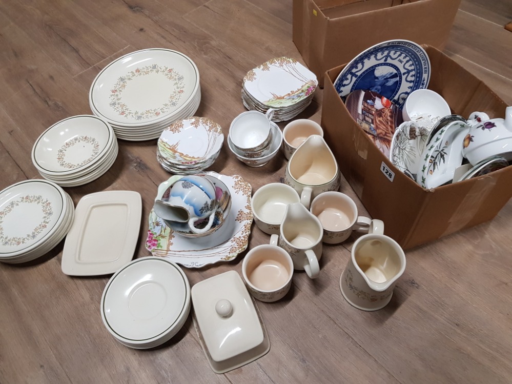 JAPANESE CUP AND SAUCER SET, ALONG WITH OTHER BOXES OF DINNER PLATES