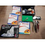 A LOT OF MISCELLANEOUS ARTIST EQUIPMENT INC ROWNEY ARTIST BOX PAINT BRUSHES ETC