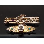 TWO ANTIQUE 9CT GOLD BROOCHES ONE WITH TURQUOISE AND SEED PEARL BOTH STAMPED 6.4G GROSS