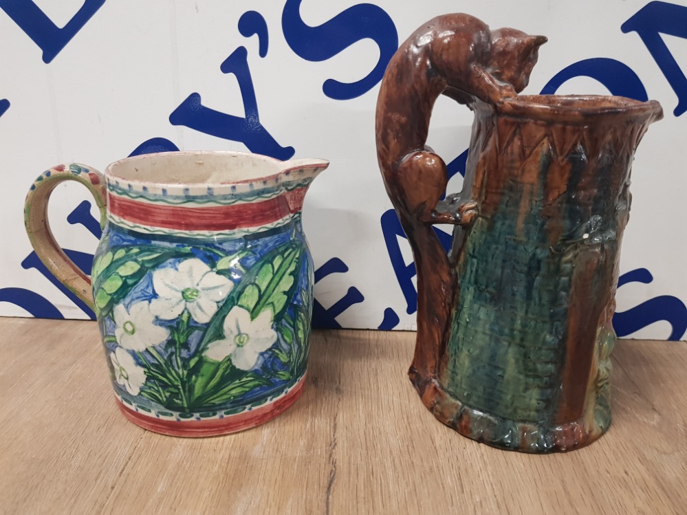 A HAND PAINTED STUDIO POTTERY JUG SIGNED EGJ TOGETHER WITH ANOTHER WITH CAT PATTERN HANDLE - Image 2 of 3