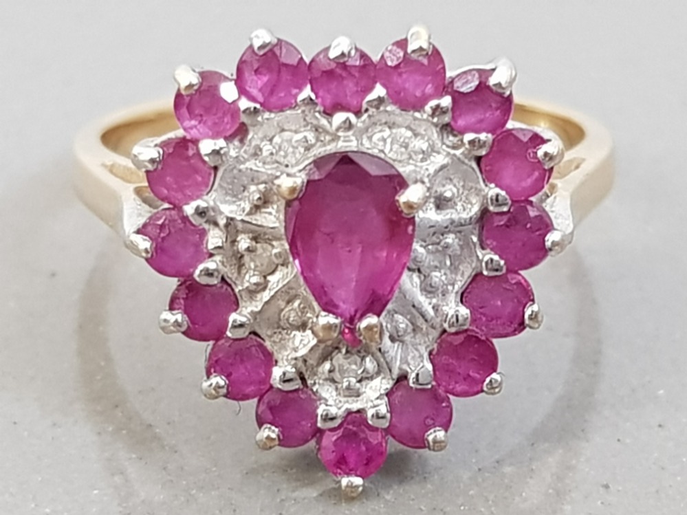 LARGE 9CT GOLD RUBY AND DIAMOND HEART SHAPED RING, 3.4G SIZE N