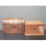 ANTIQUE INLAID WALNUT TEA CADDY TOGETHER WITH LIGHT OAK TEA CADDY SAS