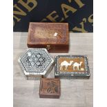 4 MISCELLANEOUS WOODEN BOXES TO INCLUDE MOTHER OF PEARL INLAID AND BRASS INLAID ETC