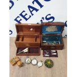 MOTHER OF PEARL SEWING SET A BOX SHADIT LENSE HOOD INGERSOLL POCKET WATCH A MAHOGANY ENVELOPE BOX