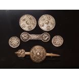 SILVER JEWELLERY WITH CELTIC DECORATION COMPRISING TWO PAIRS OF CLIP EARRING AND TWO BROOCHES 34G