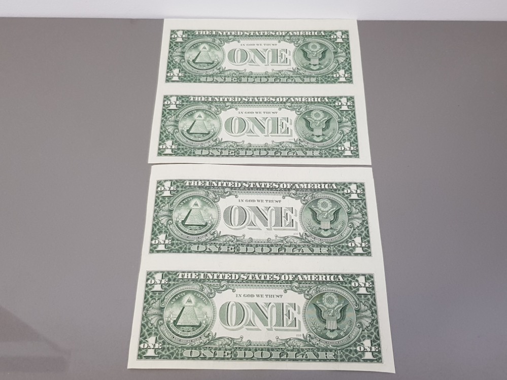 4 U.S.A ONE DOLLAR BILLS, UNCUT IMPERFORATED PAIRS OF TWO, IN PRISTINE UNCIRCULATED CONDITION - Image 2 of 2