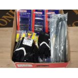 A BOX CONTAINING DURATOOL 33 PC SECURITY BIT SET CABLE TIES GLOVES ETC