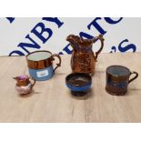 2 MUGS 2 JUGS AND 1 SALT VICTORIAN COPPER LUSTRE 1880