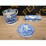 A LARGE 19TH CENTURY TRANSFER PRINTED TANKARD A RECTANGULAR LIDDED DISH AND A SPODE ITALIAN COASTER