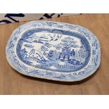 LARGE WILLOW BLUE AND WHITE MEAT PLATE WATERLOO WARRANTED 1814 TO 1837