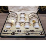 ROYAL WORCESTER COFFEE SET WITH ENAMEL AND GILT DECORATION NO 9845 AND SILVER SPOONS IN FITTED CASE