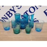 A LOT OF MISCELLANEOUS BLUE GLASSWARE TO INCLUDE HANDMADE DRINKING GLASSES ETC