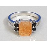 RUTILE QUARTZ AND BLACK STONE SILVER RING SIZE R1/2