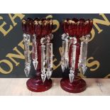 A PAIR OF RED VICTORIAN LUSTRE VASES WITH CLEAR GLASS DROPS 32CM