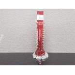 ANTIQUE CRANBERRY GLASS VASE WITH CLEAR GLASS CRIMPED DECORATION TO THE BODY AND CLEAR GLASS