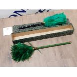 2 CHINESE FEATHER DUSTERS IN ORIGINAL BOX EARLY 20TH CENTURY ONE WITH MAGNIFICENT GREEN HANDLE