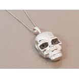 9CT WHITE GOLD SKULL PENDANT SET WITH DIAMONDS AND BLACK DIAMONDS WITH FINE BELCHER CHAIN 8.1G